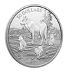 99.99% pure silver coin featuring a geometric art style depiction of a mother timber wolf and her three pups in a forest setting, part of the Multifaceted Animal Family series