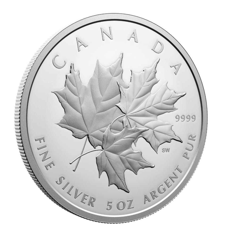 Triple Maple 5 Oz Fine Silver Coin Canada 2025 reverse oblique- Royal Canadian Mint