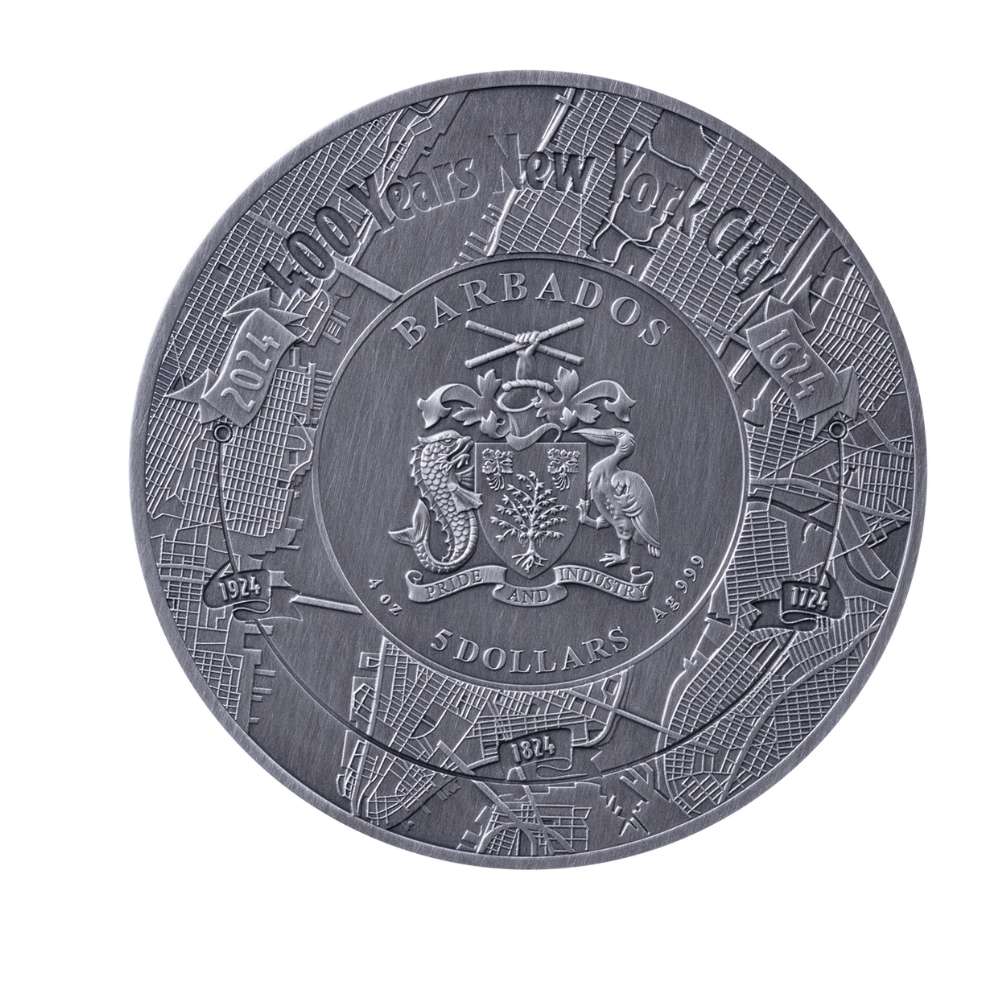 400 YEARS NEW YORK CITY 4 Oz Silver Coin $5 Barbados 2024 - PARTHAVA COIN