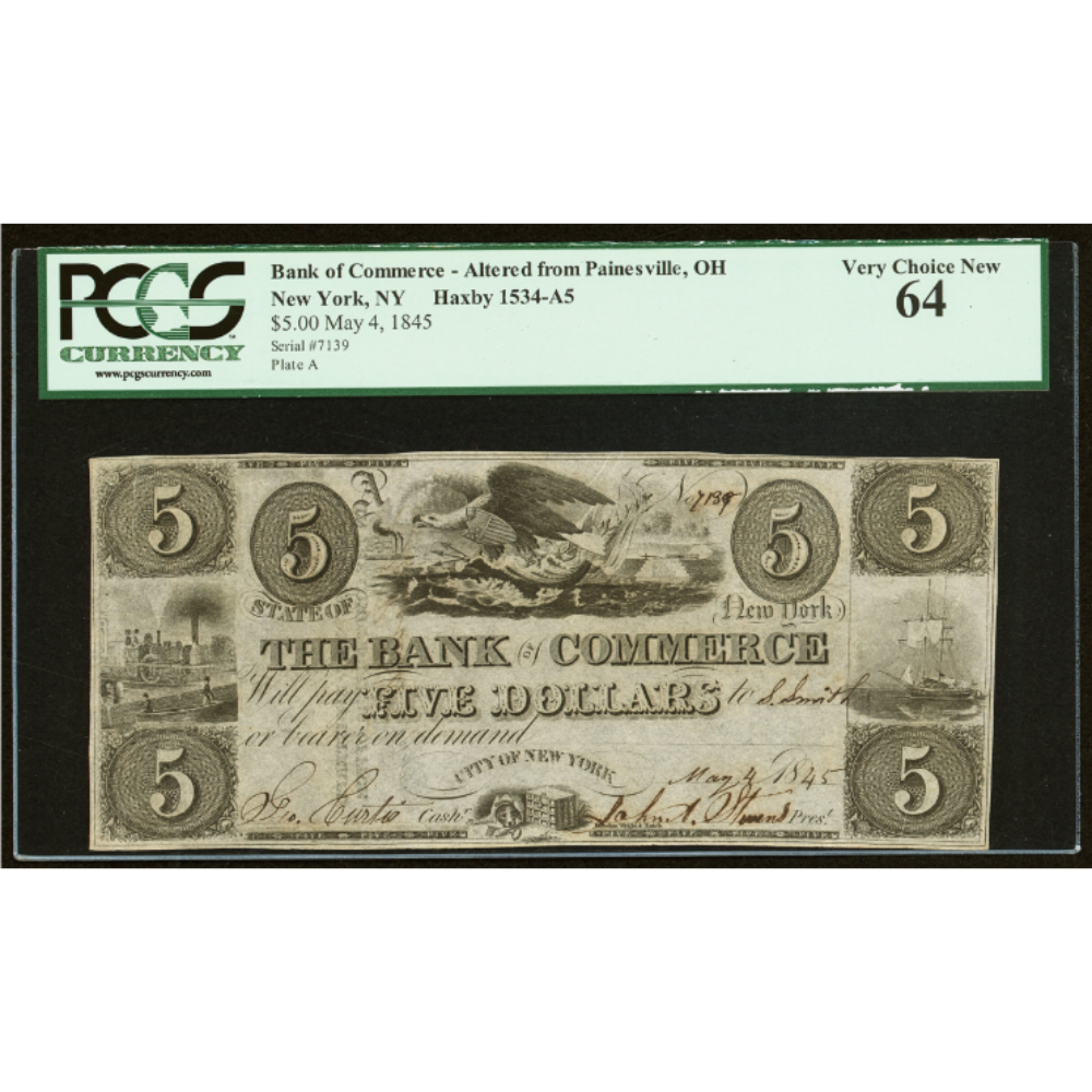 Bank of Commerce $5 - Altered from Painesville, OH May 4, 1845 PCGS 64