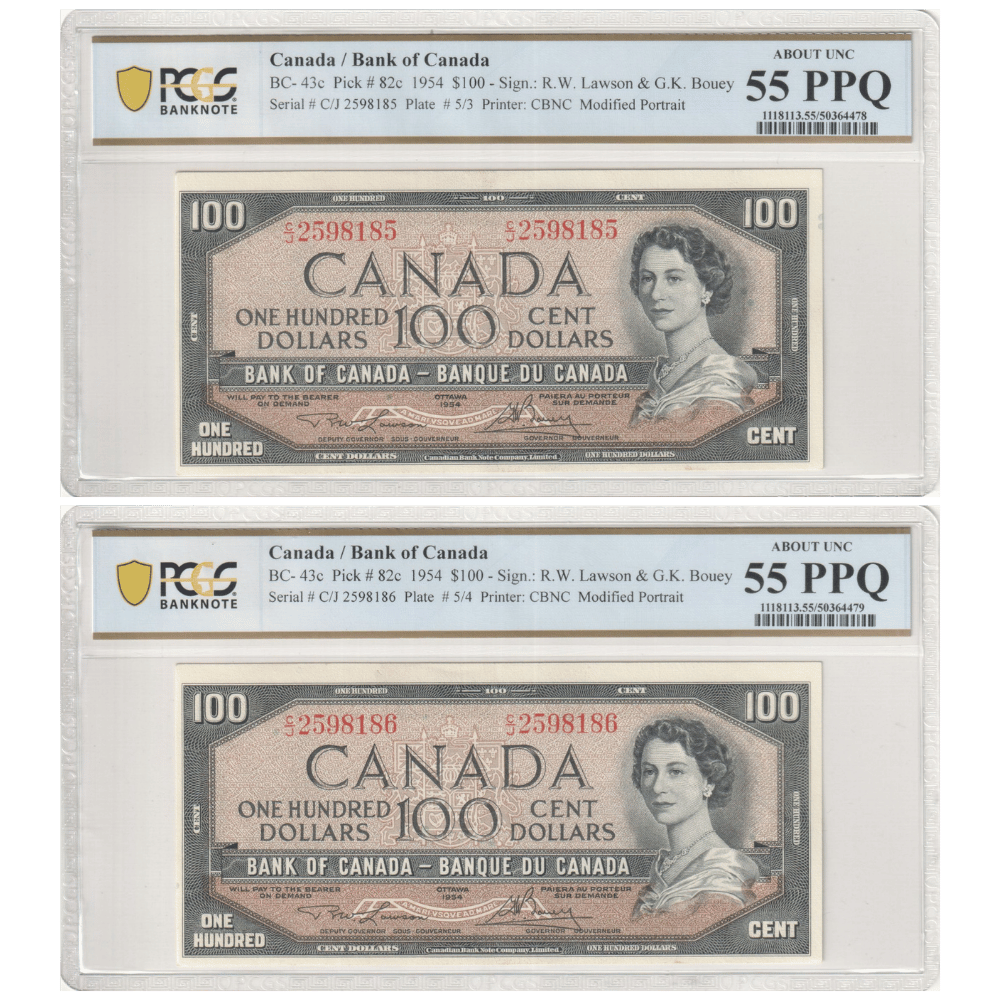 Canada 100 Dollars 1954 Pick BC-43c About UNC 55 PPQ Consecutive Pair