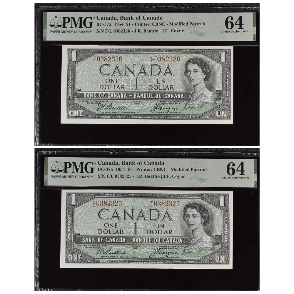 Canada 1 Dollar 1954 Pick BC-37a Choice UNC 64 Consecutive Pair