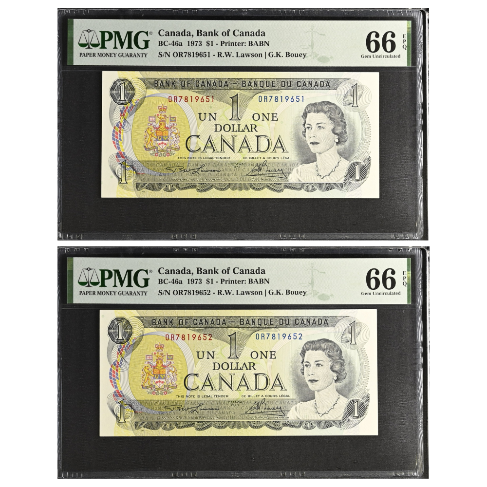 Canada 1 Dollar 1973 Pick BC-46a Gem UNC 66 EPQ Consecutive Pair