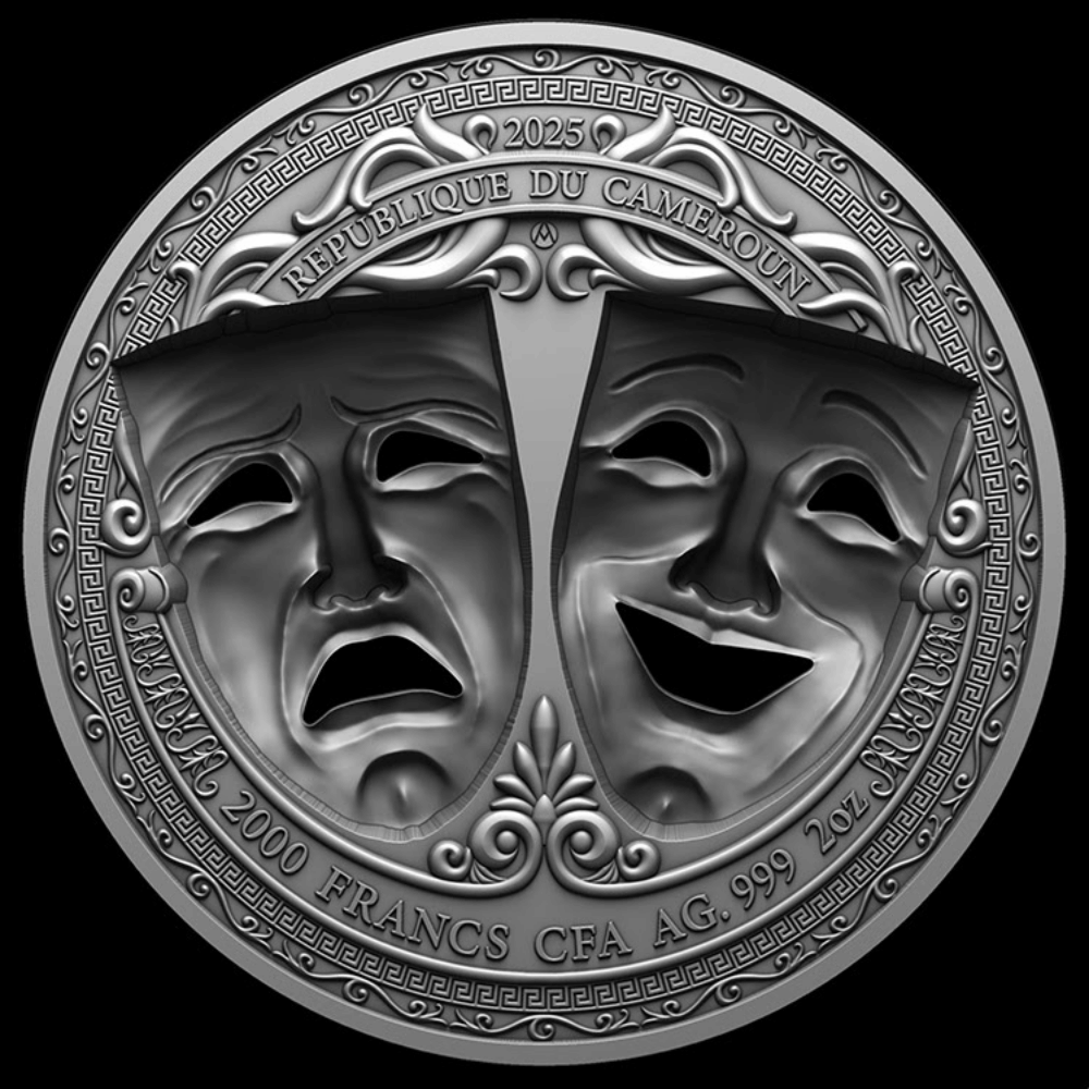 Comedy & Tragedy 3D Holed Mask 2 Oz Silver Coin 2025 - PARTHAVA COIN