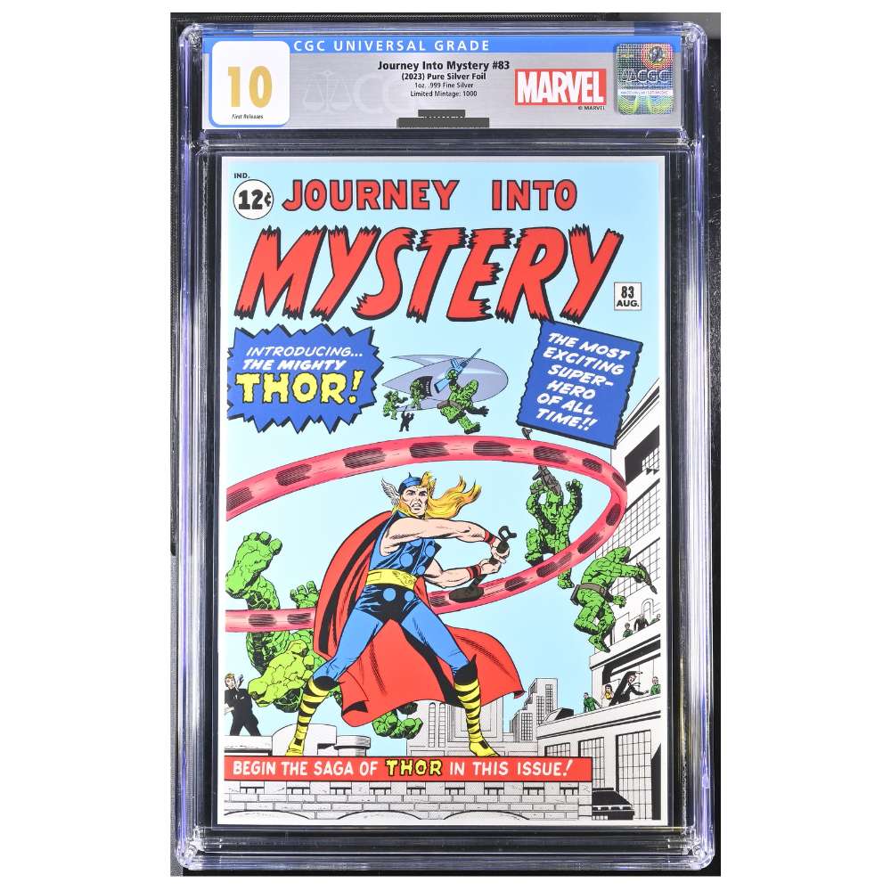 1 oz silver foil featuring the Journey into Mystery #83 cover with Thor. Encased in Pyrex, presented in a colorized sleeve, limited to 1,000 pieces, certified CGC 10 Gem Mint.