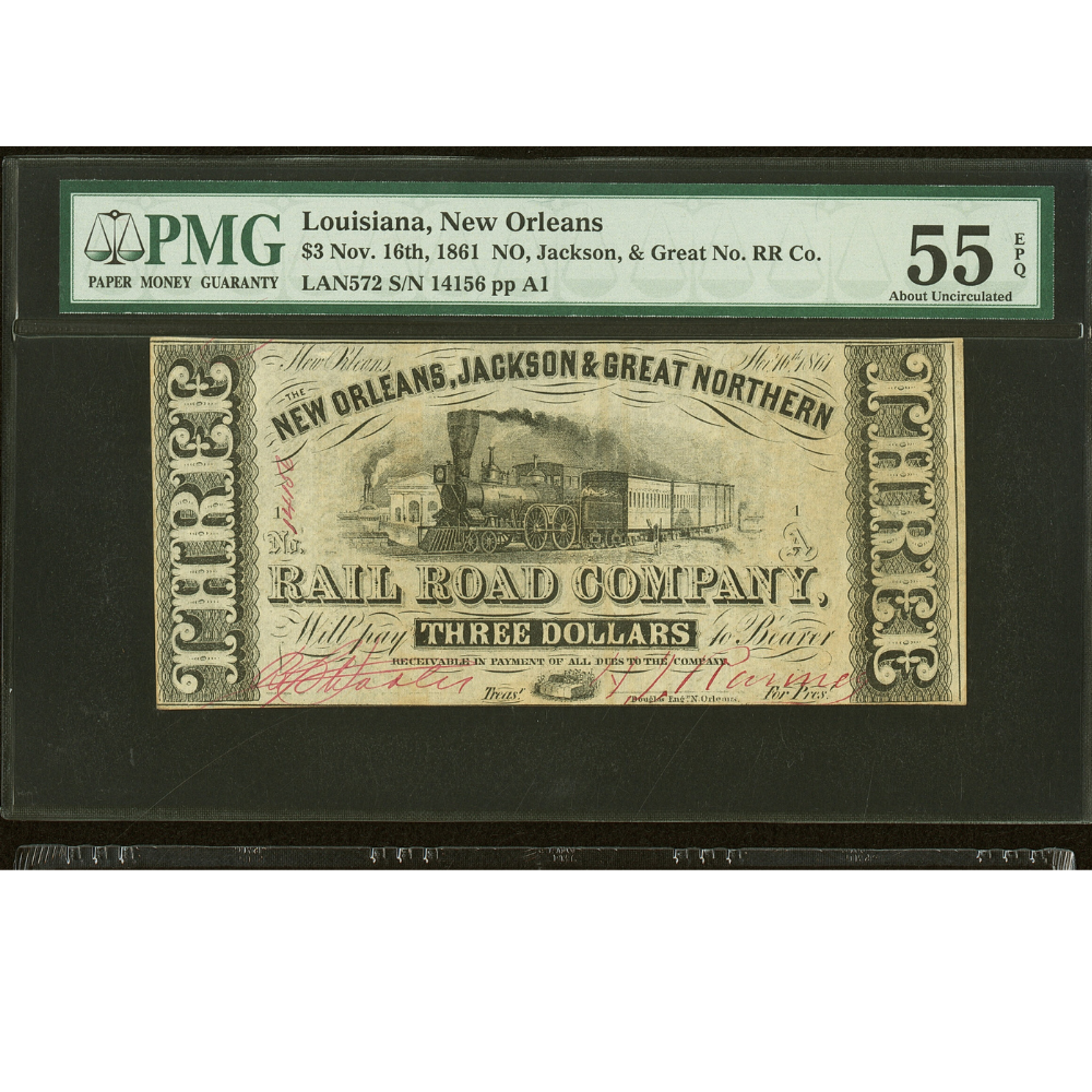 Louisiana $3 1861 New Orleans Jackson & Gt Northern PMG 55 EPQ