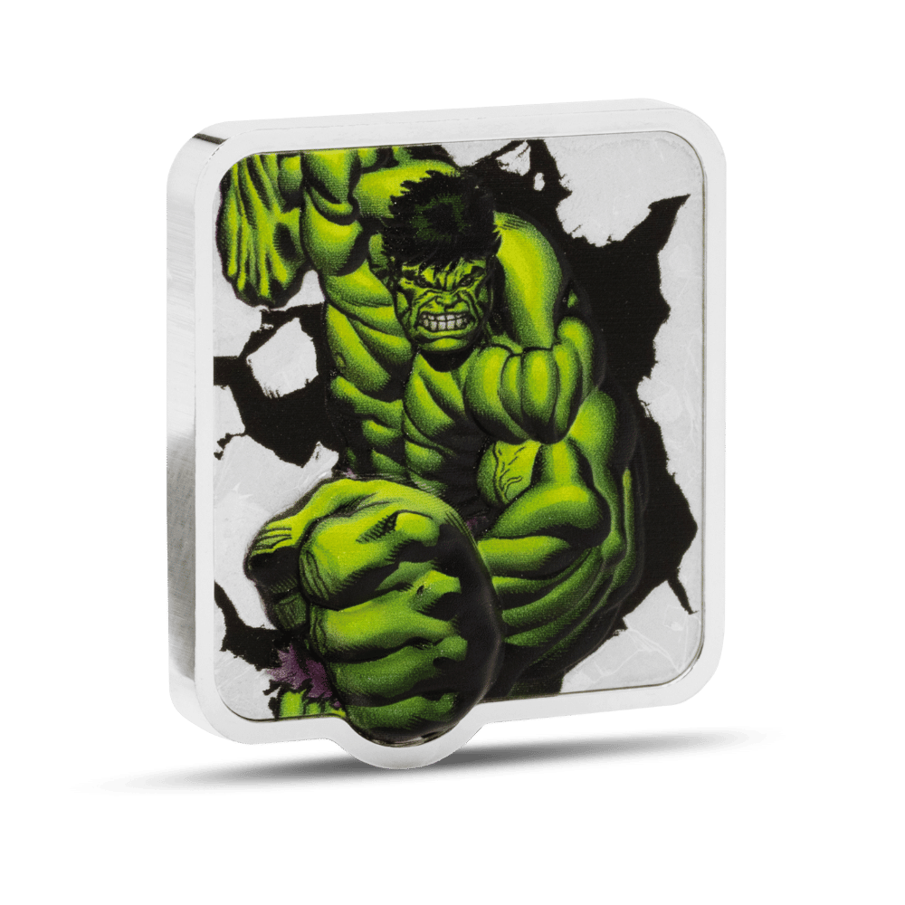 Marvel Hulk 'Smash' 2 Oz Silver Coin reverse oblique - Agoro New Zealand Mint