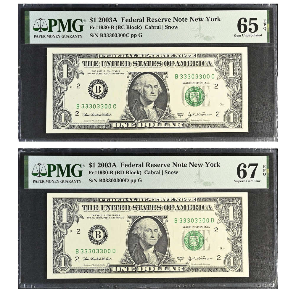 Matching Fancy Serial Number 33303300 (2 notes) - 2003A $1 Green Federal Reserve Notes (Fr. 1930-B) D.C. Cabral/Snow