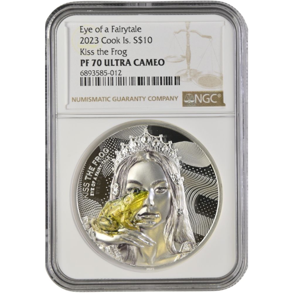 Eye of a Fairytale, KISS THE FROG 2 Oz Silver Coin $10 Cook Islands 2023- NGC graded PF 69 & PF 70 Ultra Cameo