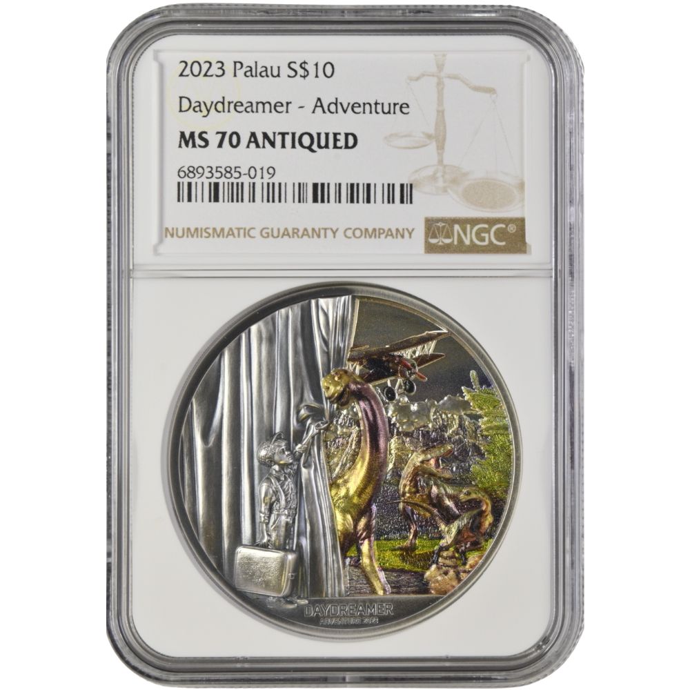 Daydreamer-ADVENTURE 2 Oz Silver Coin $10 Palau 2023-NGC Graded MS 70 Antiqued