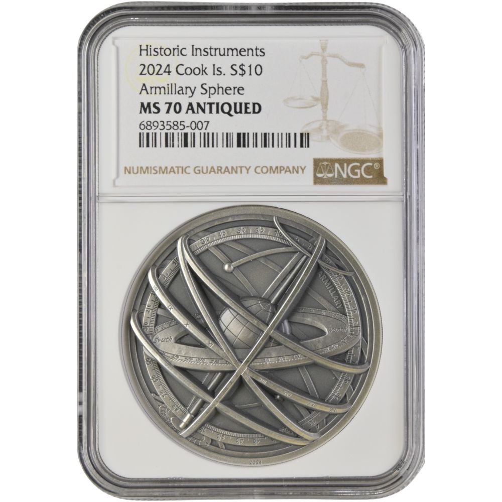 Historic Instruments  ARMILLARY SPHERE2 Oz Silver Coin $10 Cook Islands 2024- NGC Graded MS 70 Antiqued No. 6893585-007