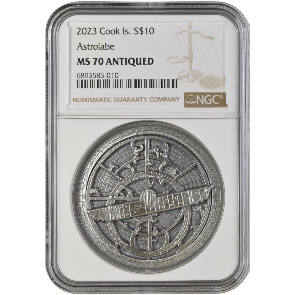 Historic Instruments ASTROLABE  2 Oz Silver Coin $10 Cook Islands 2023- NGC Graded MS 70 Antiqued