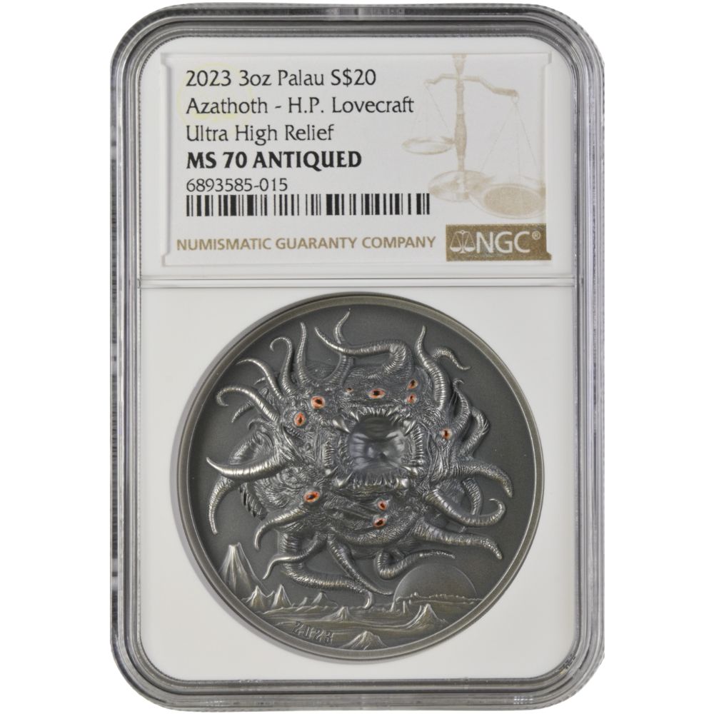 Howard Phillips Lovecraft-AZATHOTH 3 Oz Silver Coin $20 Palau 2023- NGC graded MS 70 Antiqued