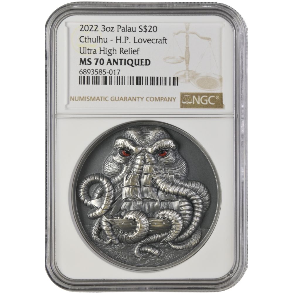 Howard Phillips Lovecraft-CTHULHU 3 Oz Silver Coin $20 Palau 2022- NGC graded MS 70 Antiqued