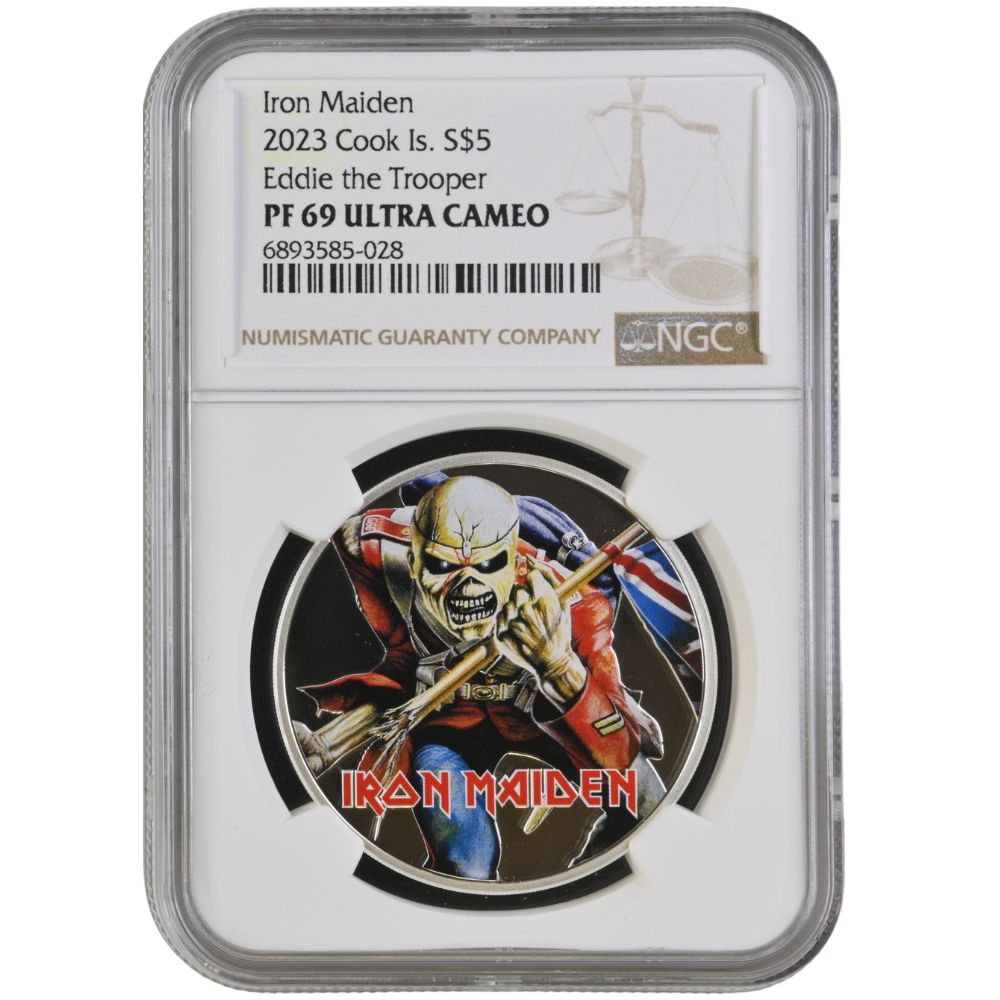 Iron Maiden-EDDIE THE TROOPER 1 Oz Silver Coin $5 Cook Islands 2023- NGC Graded PF 69 Ultra Cameo