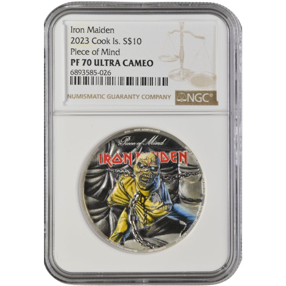 Iron Maiden-PIECE OF MIND 2 Oz Silver Coin $10 Cook Islands 2023- NGC Graded PF 70 Ultra Cameo