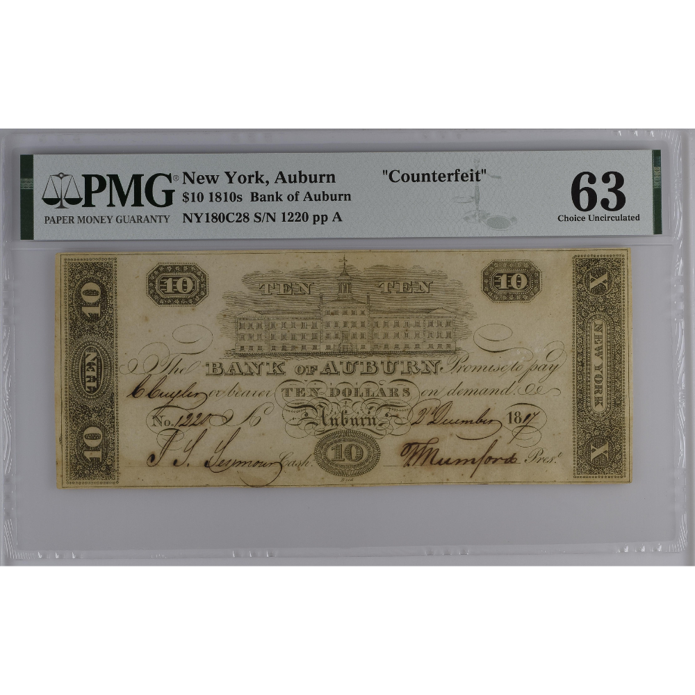 New York Auburn 10 Dollars 1810s Bank of Auburn PMG 63 Choice UNC