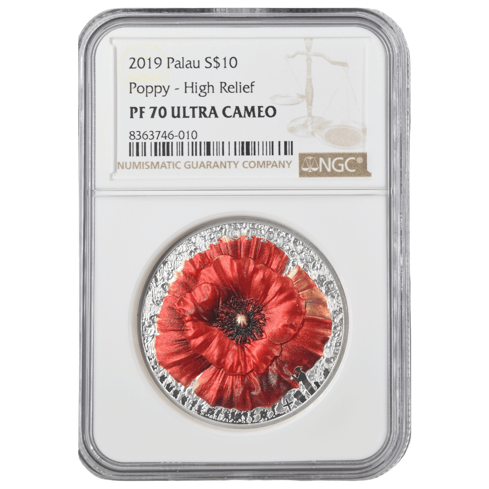 Poppy High Relief Flowers Leaves 2 Oz Silver Coin - PF 70 ULTRA CAMEO - PARTHAVA COIN