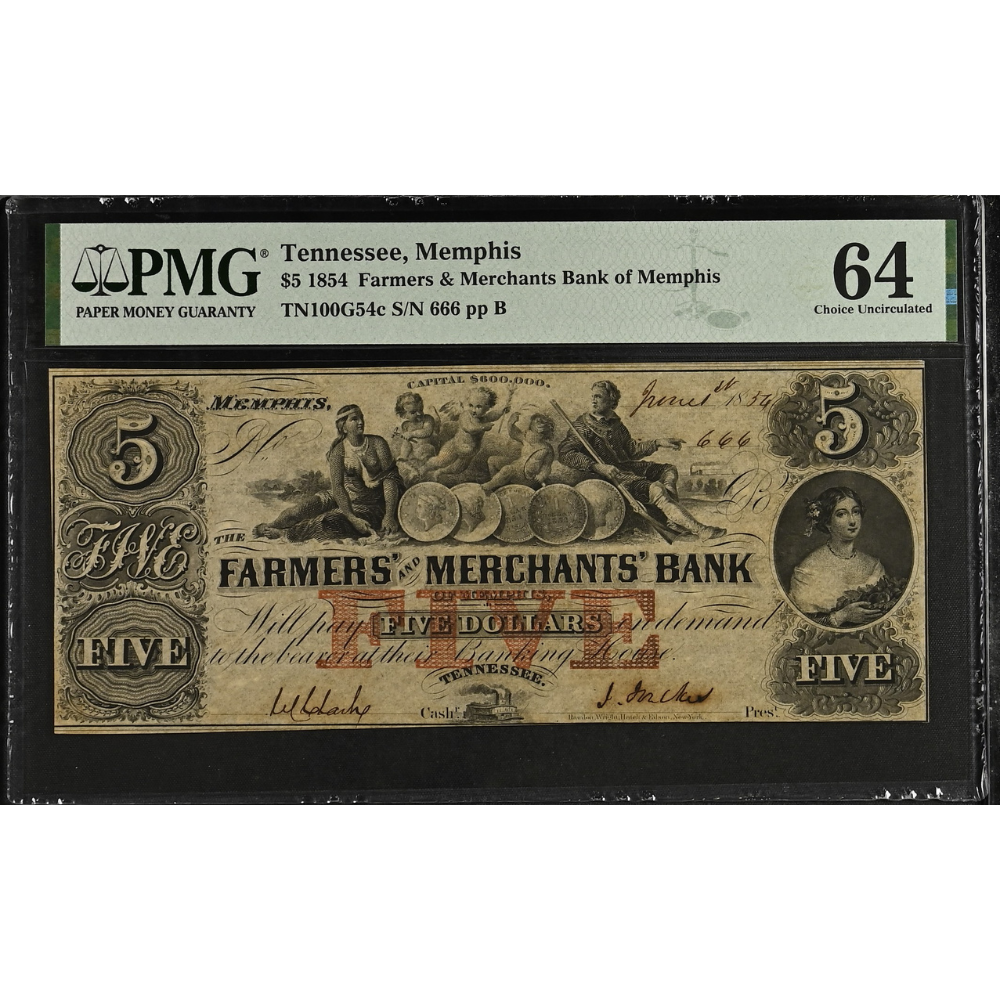 Tennessee 5 Dollars 1854 Farmers & Merchants Bank of Memphis PMG 64 Choice UNC