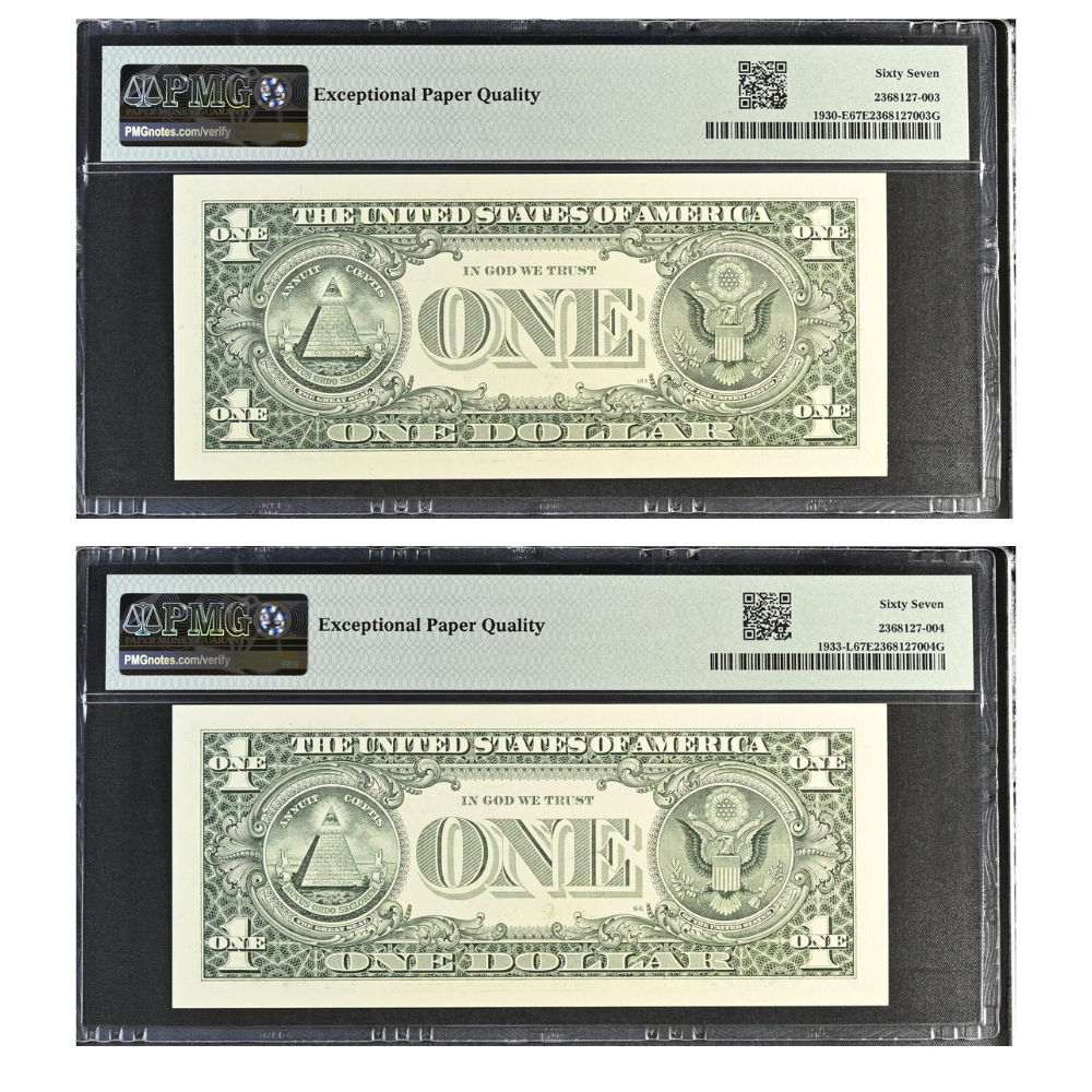 Matching Fancy Serial Number 33303300 (2 notes) - 2003A $1 Green Federal Reserve Notes (Fr. 1930-B) D.C. Cabral/Snow