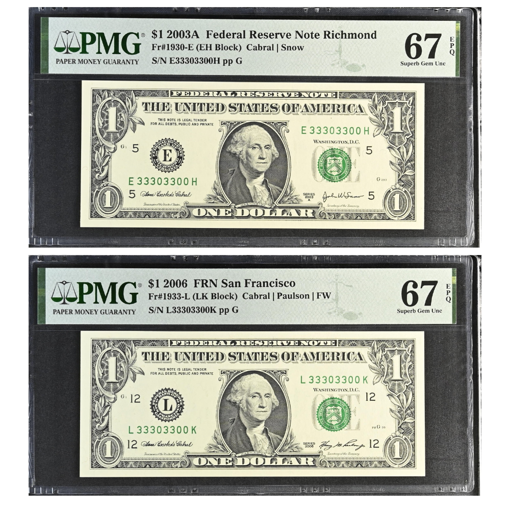 Matching Fancy Serial Number 33303300 (2 notes) - 2003A $1 Green Federal Reserve Notes (Fr. 1930-B) D.C. Cabral/Snow