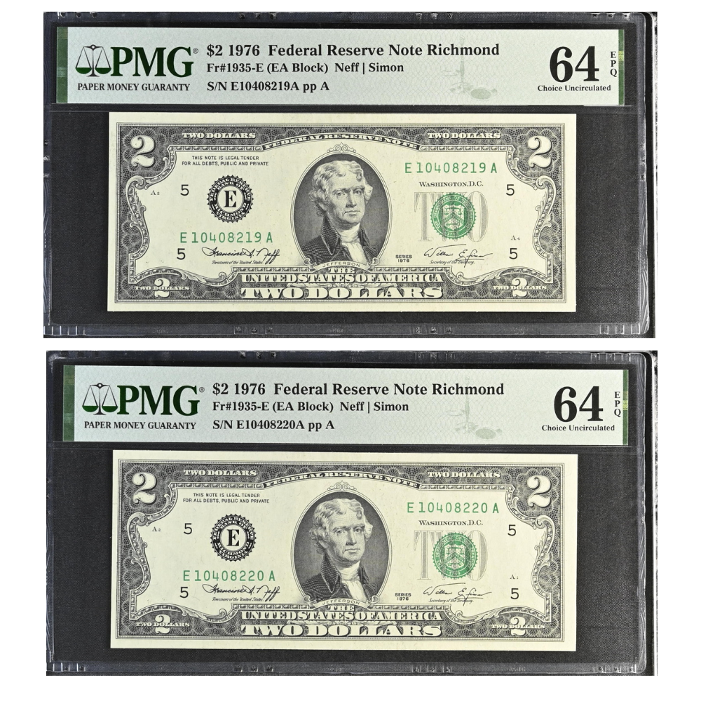 United States 2 Dollars 1976 Fr#1935-E Federal Reserve Note Richmond Choice UNC 64 Consecutive Pair