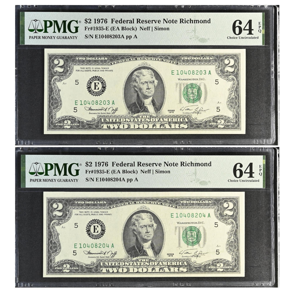 United States 2 Dollars 1976 Fr#1935-E Federal Reserve Note Richmond Choice UNC 64 Consecutive Pair