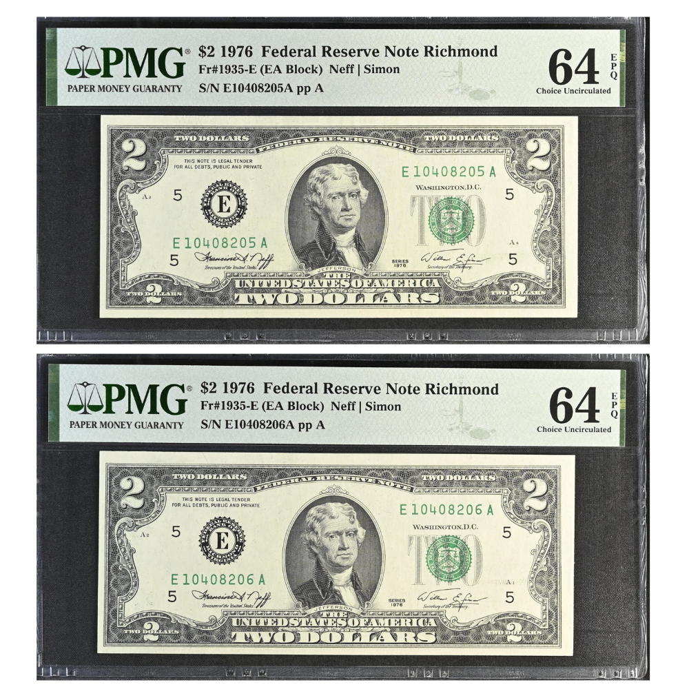 United States 2 Dollars 1976 Fr#1935-E Federal Reserve Note Richmond Choice UNC 64 Consecutive Pair