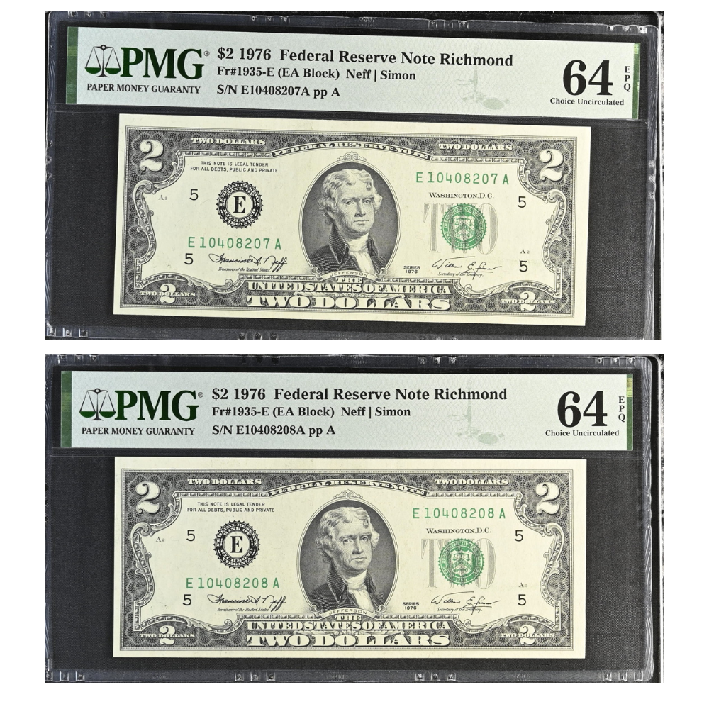 United States 2 Dollars 1976 Fr#1935-E Federal Reserve Note Richmond Choice UNC 64 Consecutive Pair