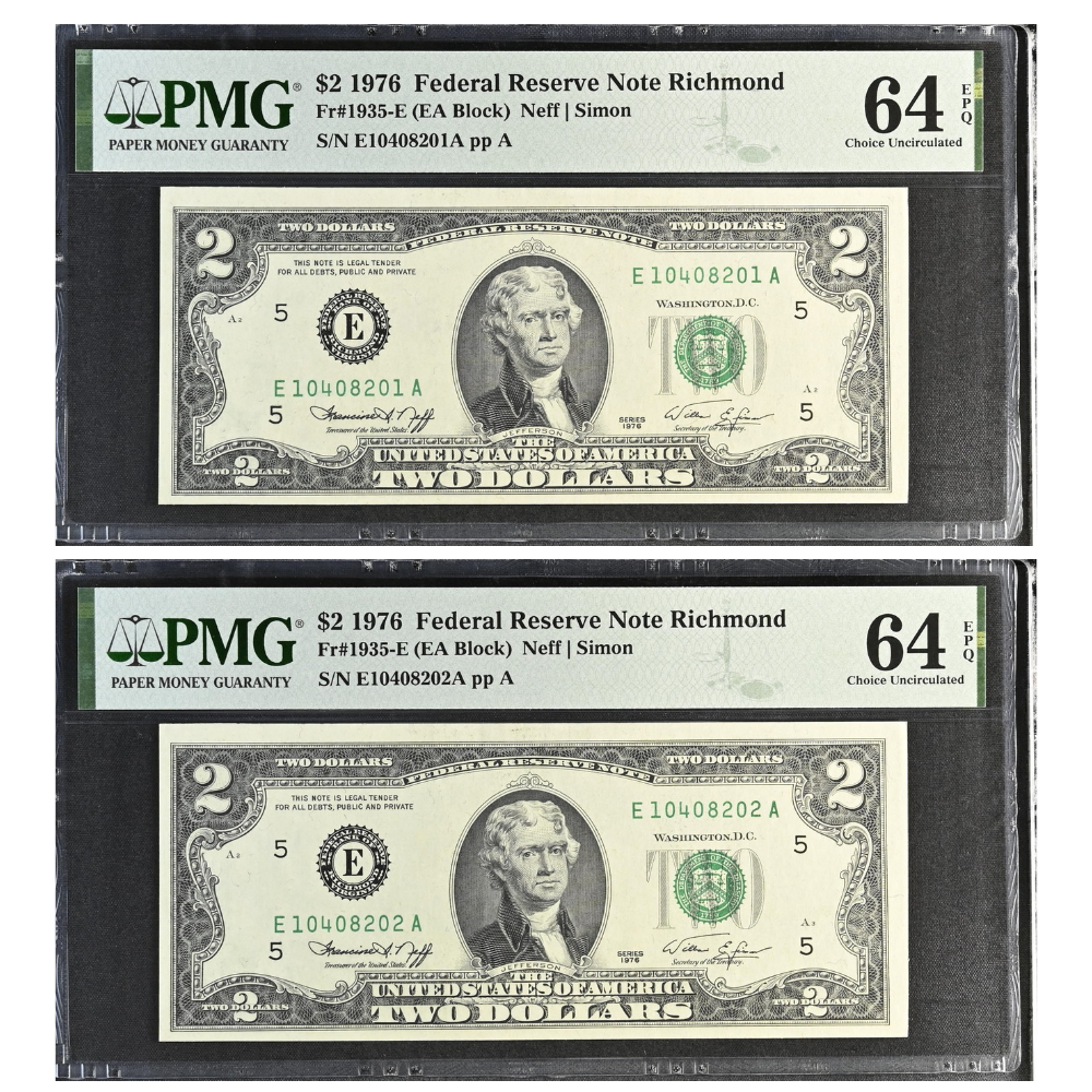 United States 2 Dollars 1976 Fr#1935-E Federal Reserve Note Richmond Choice UNC 64 Consecutive Pair