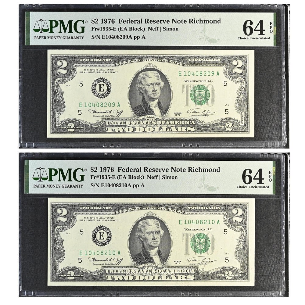 United States 2 Dollars 1976 Fr#1935-E Federal Reserve Note Richmond Choice UNC 64 Consecutive Pair