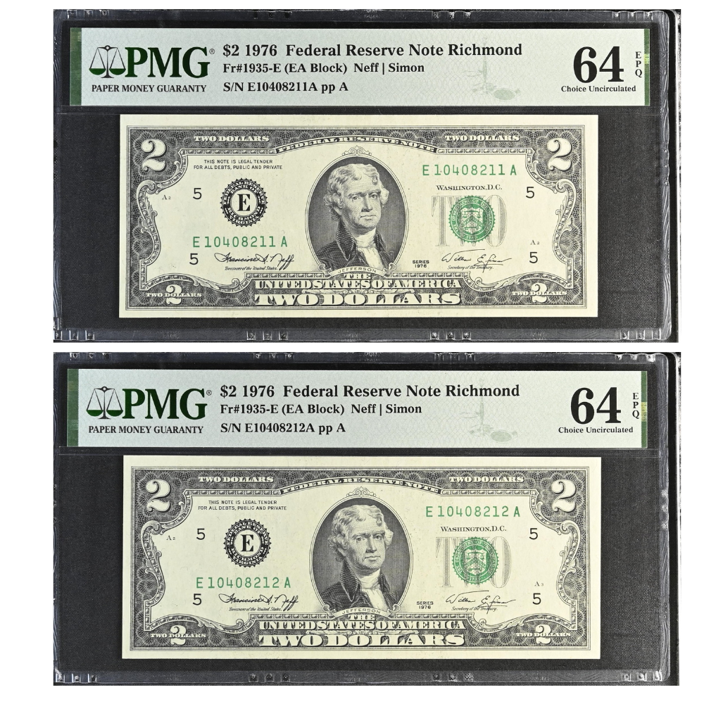 United States 2 Dollars 1976 Fr#1935-E Federal Reserve Note Richmond Choice UNC 64 Consecutive Pair