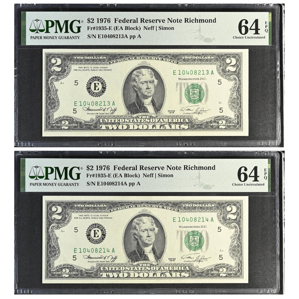 United States 2 Dollars 1976 Fr#1935-E Federal Reserve Note Richmond Choice UNC 64 Consecutive Pair