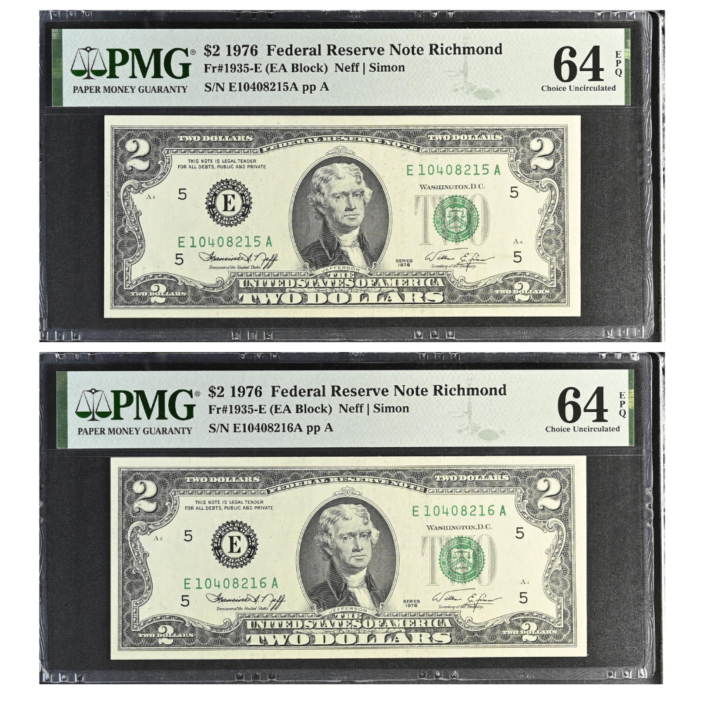 United States 2 Dollars 1976 Fr#1935-E Federal Reserve Note Richmond Choice UNC 64 Consecutive Pair