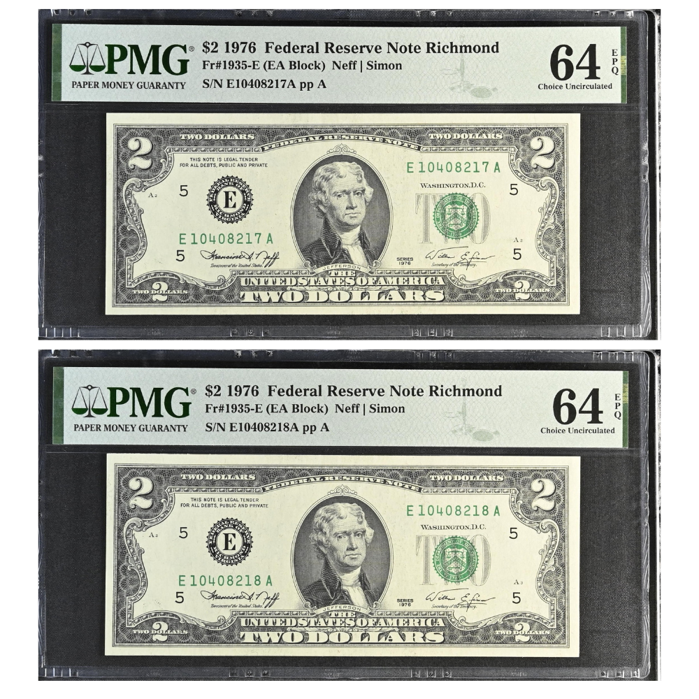 United States 2 Dollars 1976 Fr#1935-E Federal Reserve Note Richmond Choice UNC 64 Consecutive Pair