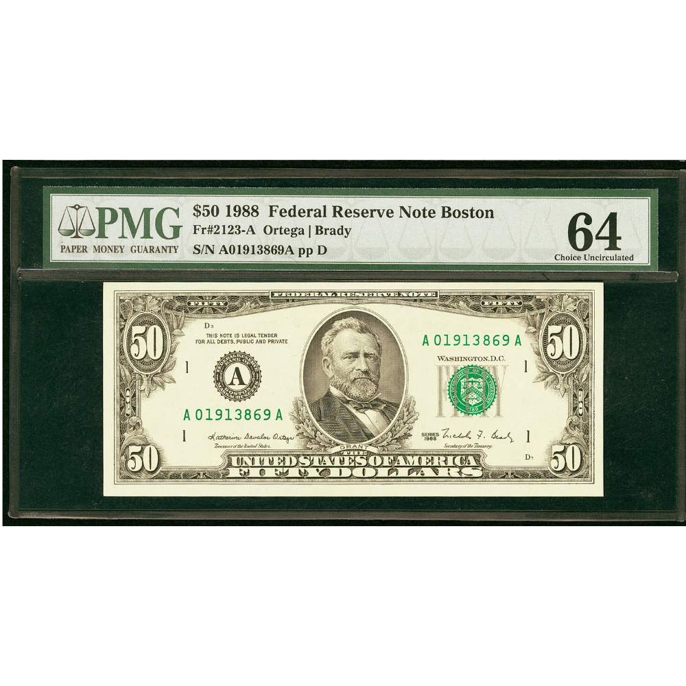 USA $50 1988 Federal Reserve Note Boston PMG Choice UNC 64