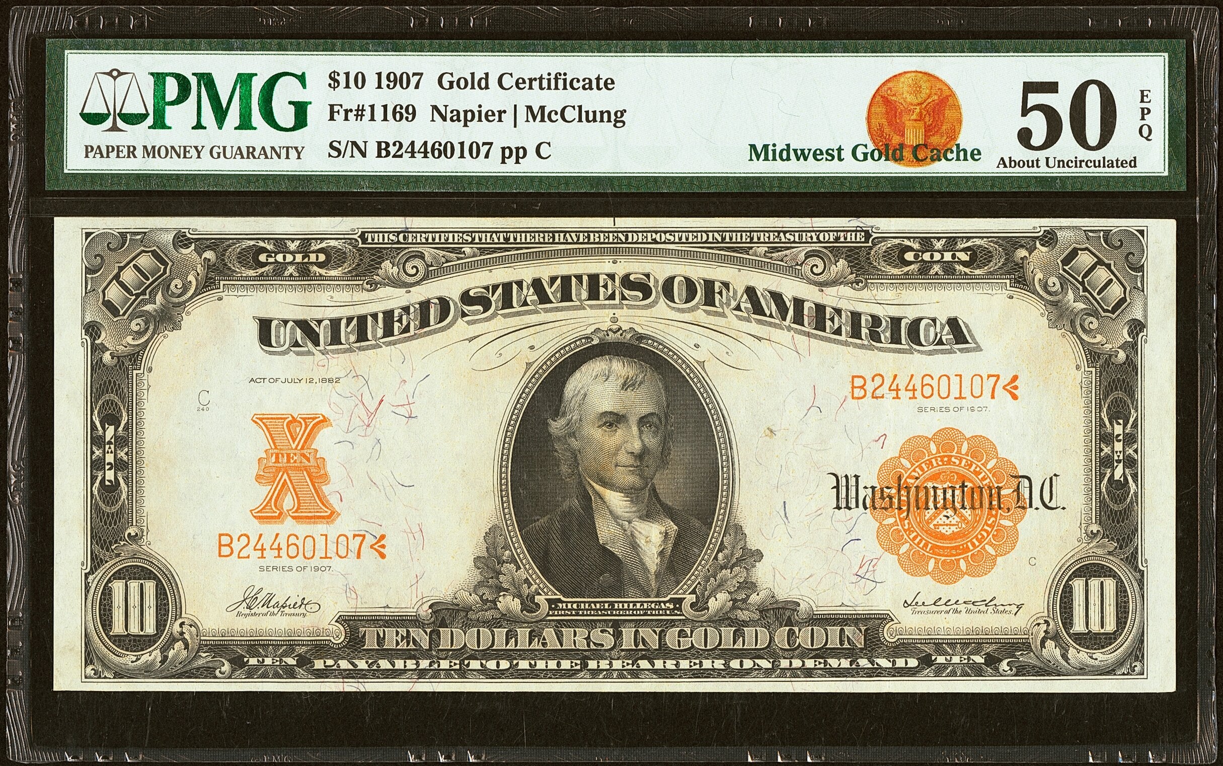 United States 10 Dollars 1907 Fr#1169 Gold Certificate PMG 50 About UNC EPQ