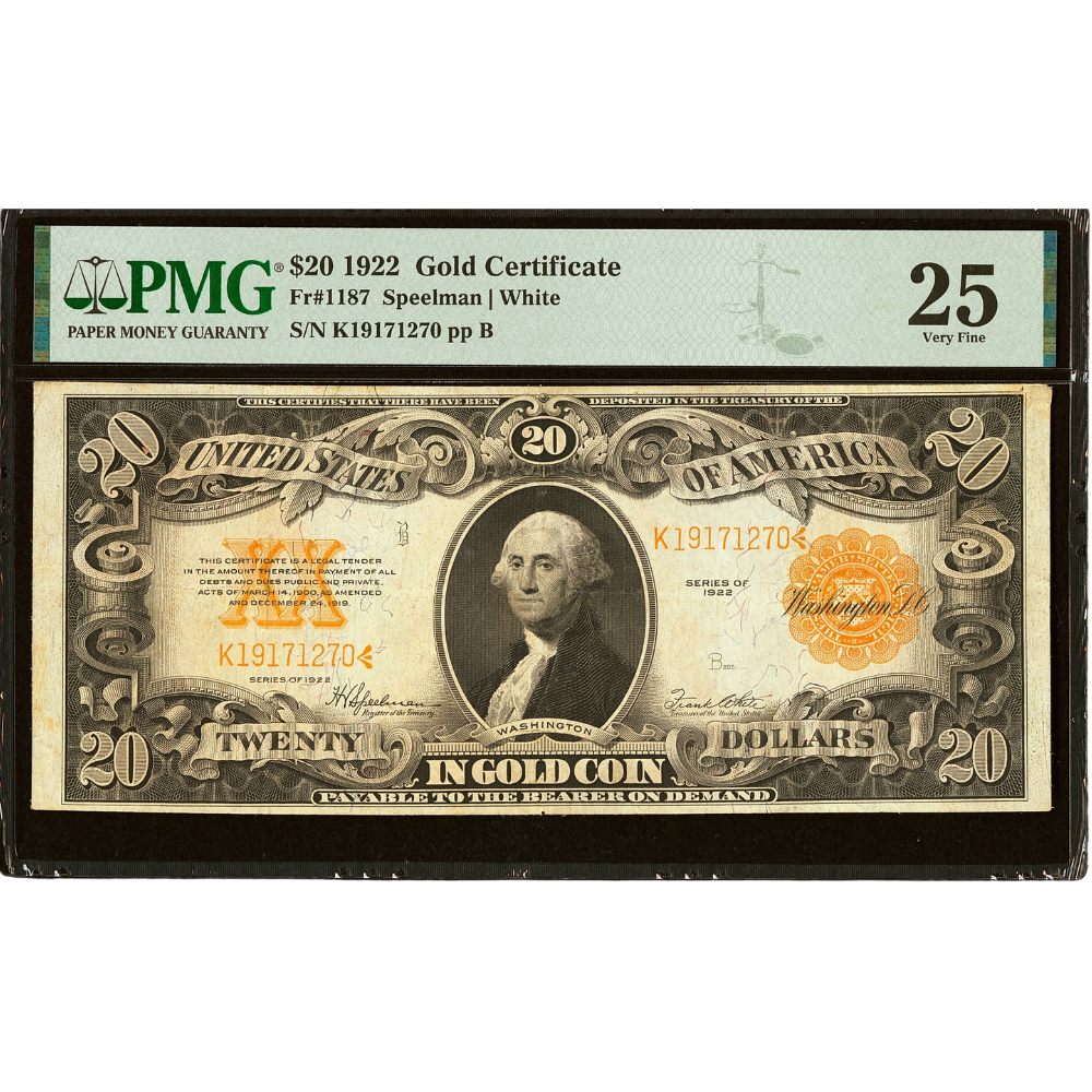 United States 20 Dollars 1922 Fr#1187 Gold Certificate PMG 25 Very Fine