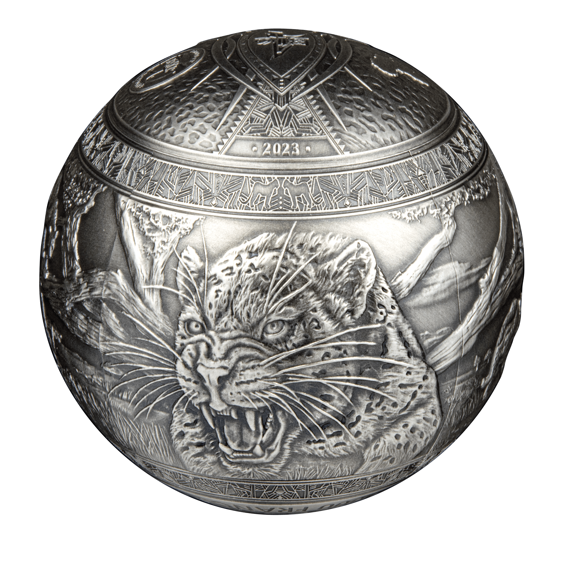 BIG FIVE LEOPARDS Spherical 1 Kg Kilo Silver Coin 1000 Francs Djibouti 2023 - PARTHAVA COIN