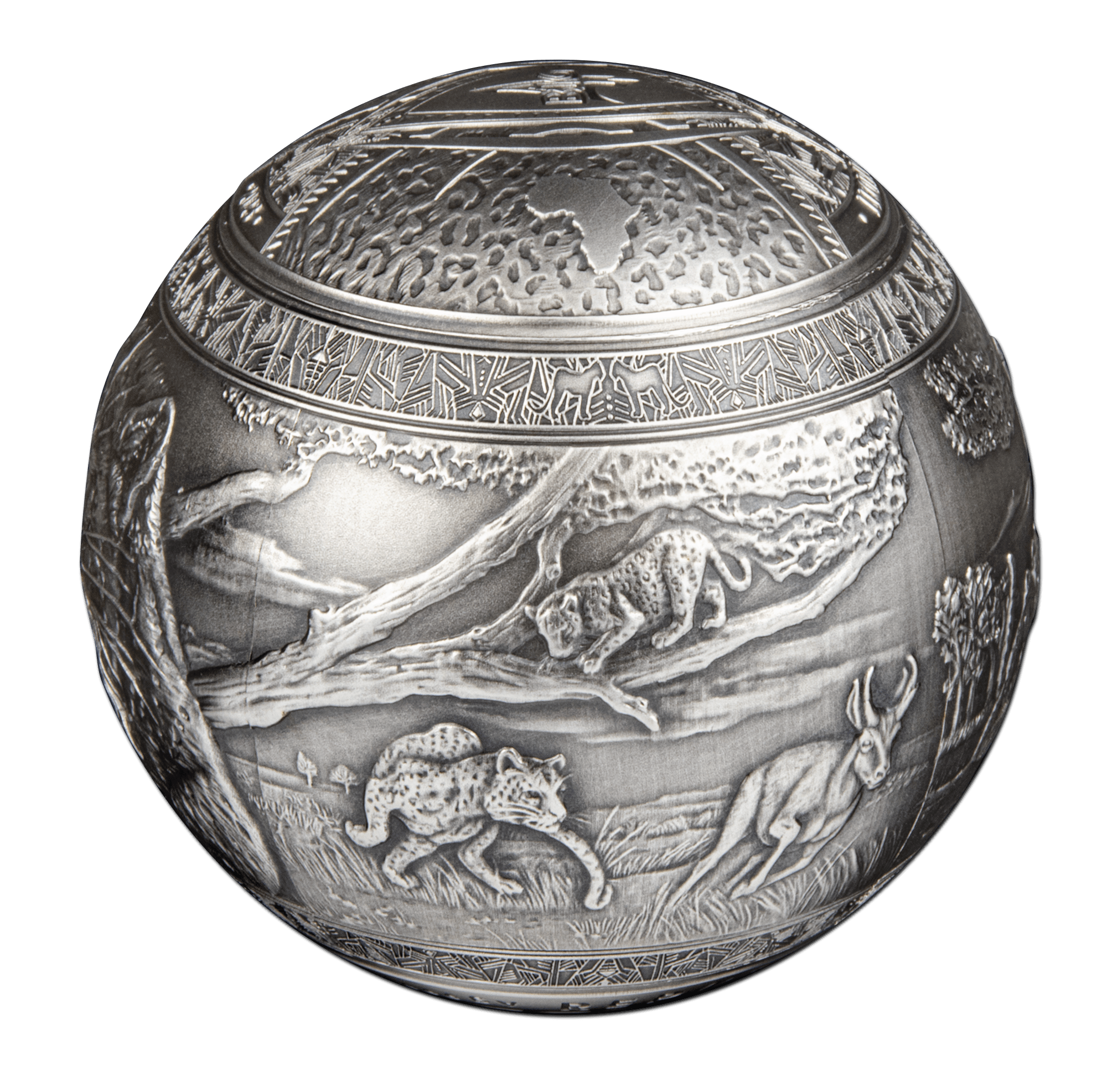 BIG FIVE LEOPARDS Spherical 1 Kg Kilo Silver Coin 1000 Francs Djibouti 2023 - PARTHAVA COIN