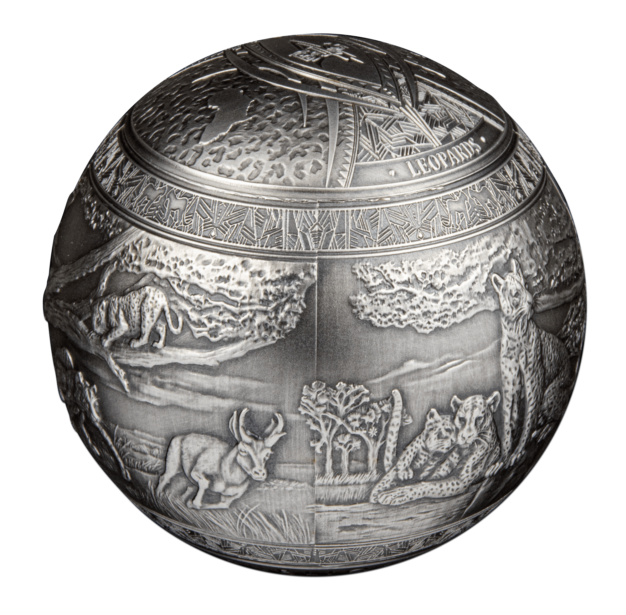 BIG FIVE LEOPARDS Spherical 1 Kg Kilo Silver Coin 1000 Francs Djibouti 2023 - PARTHAVA COIN