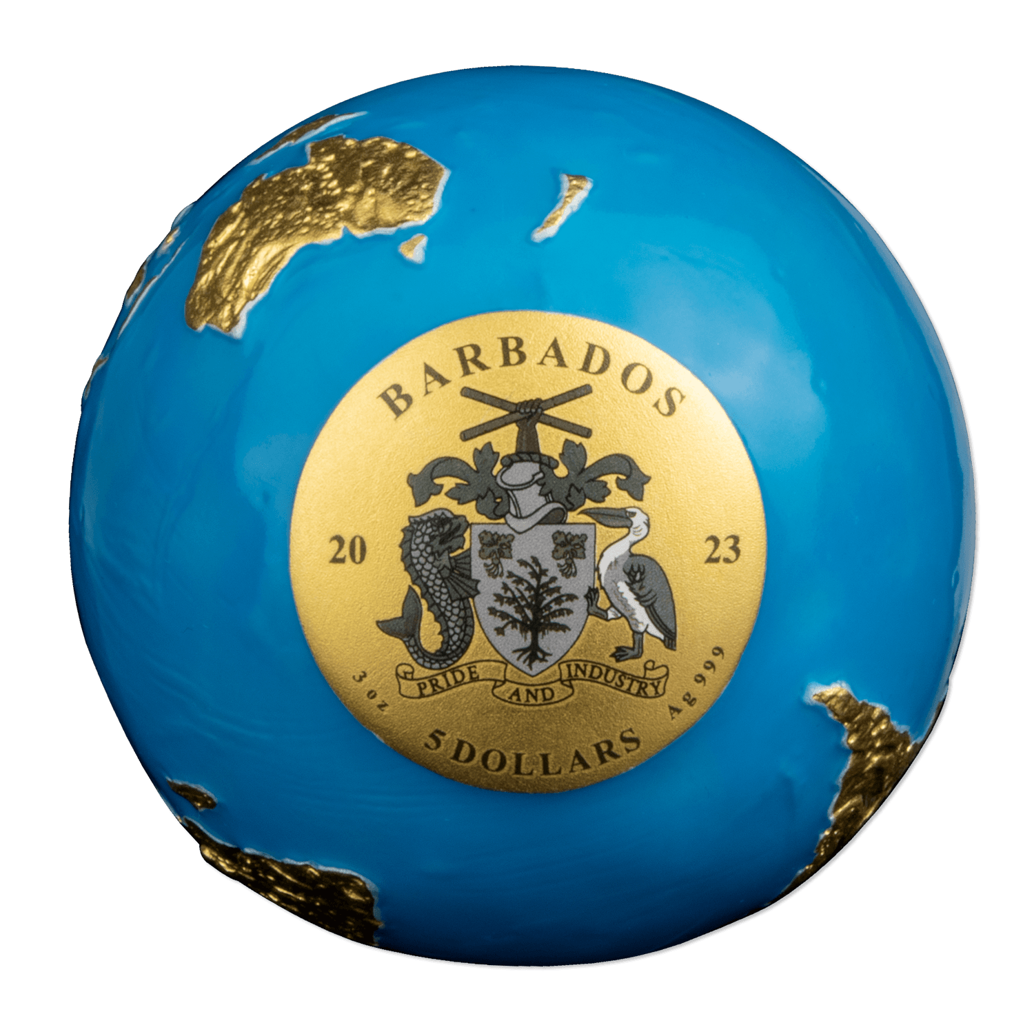 BLUE MARBLE Glow in the Dark Gold Plating 3 Oz Silver Coin $5 Barbados 2023 - PARTHAVA COIN