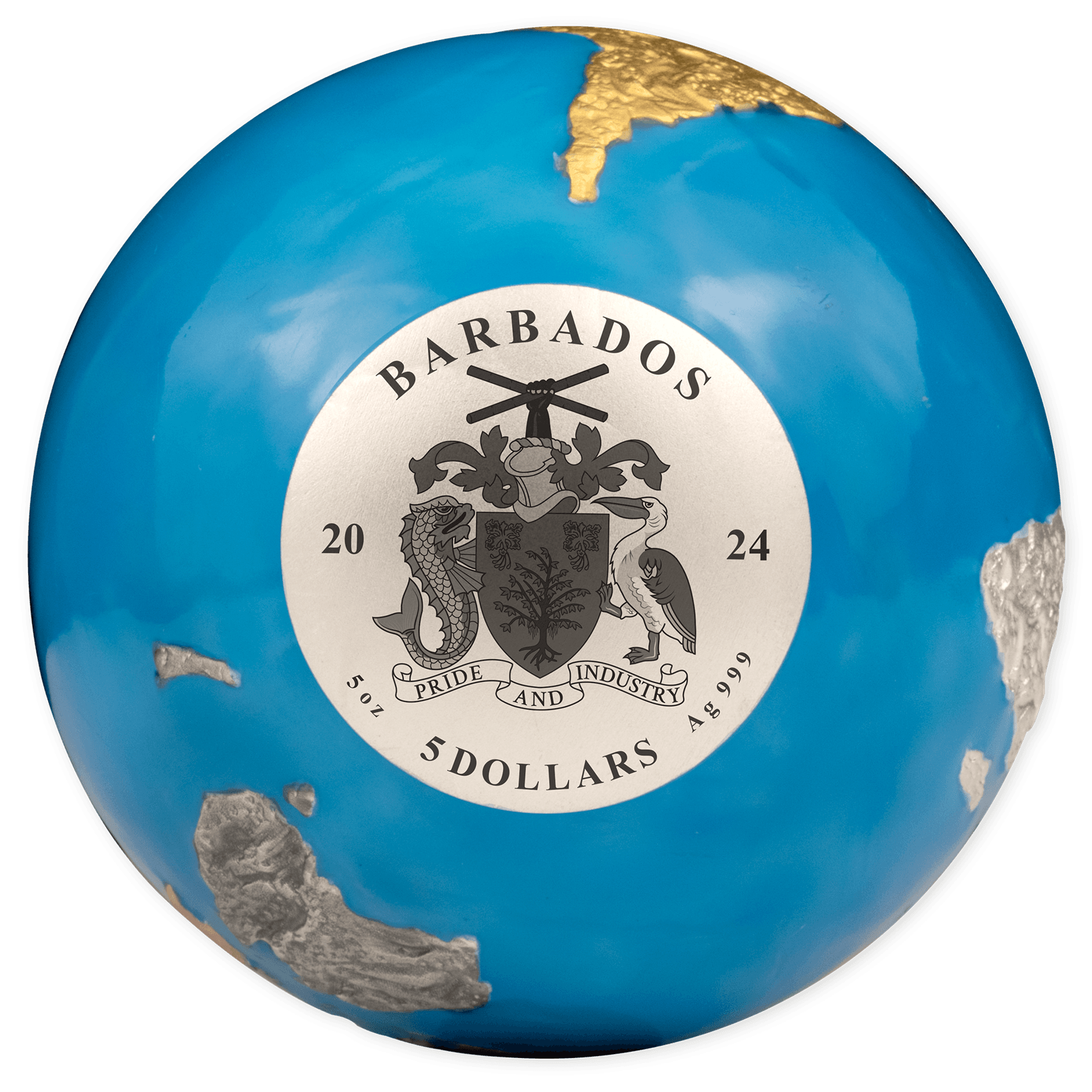 BLUE MARBLE Glow in the Dark Planet Earth 5 Oz Silver Coin $5 Barbados 2024 - PARTHAVA COIN