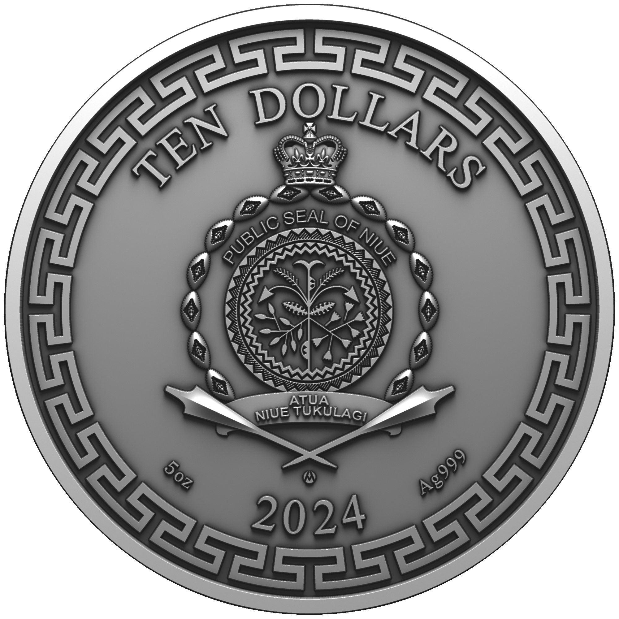 CHINESE DRAGON ART Antiqued 5 Oz Silver Coin $10 Niue 2024 - PARTHAVA COIN