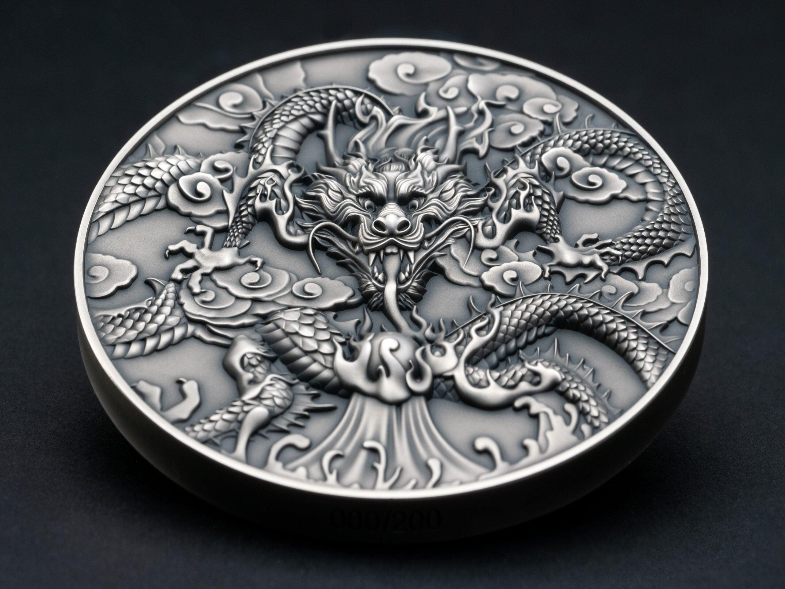 CHINESE DRAGON ART Antiqued 5 Oz Silver Coin $10 Niue 2024 - PARTHAVA COIN