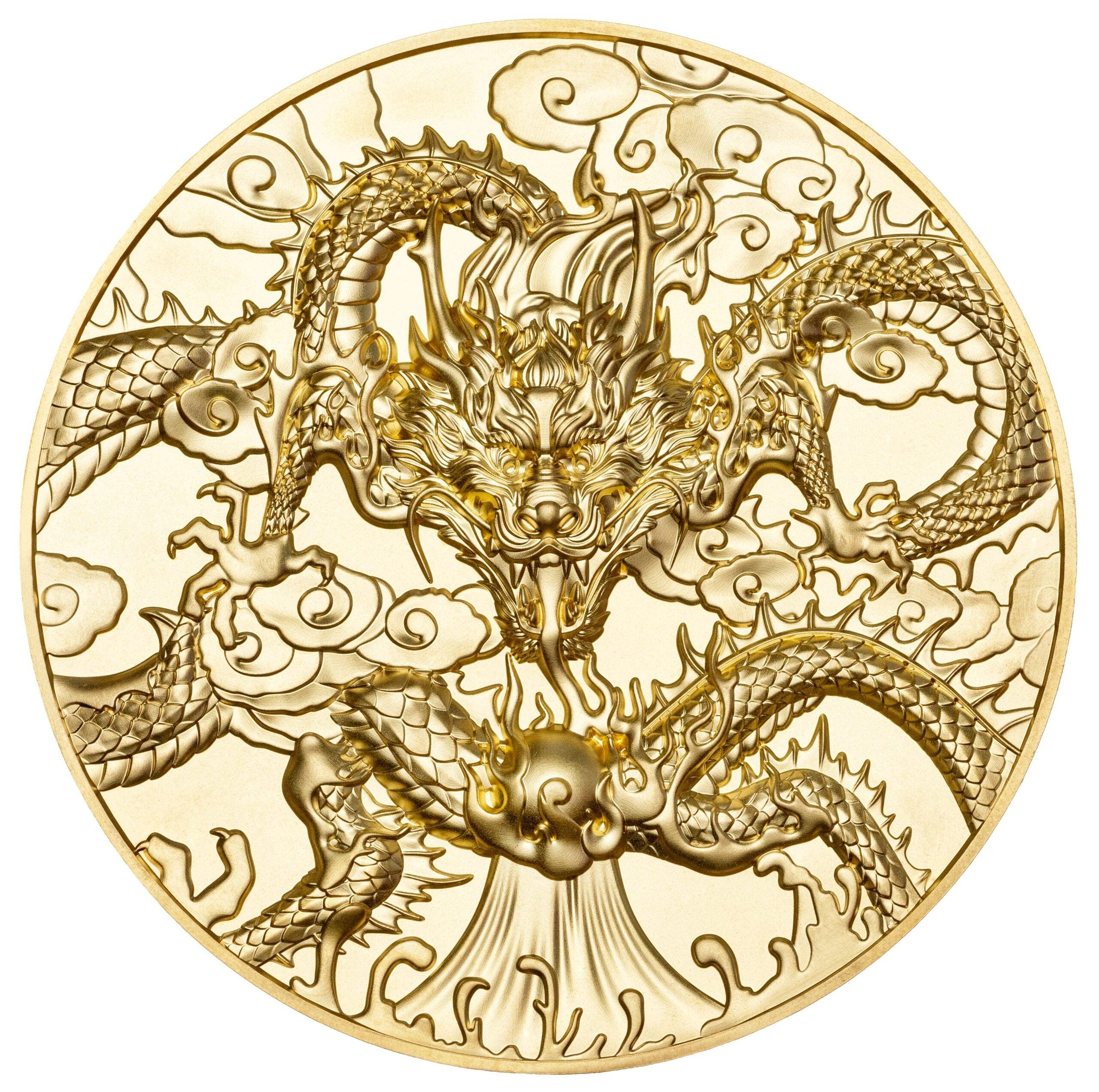 CHINESE DRAGON ART Gold Plated 5 Oz Silver Coin $10 Niue 2024 - PARTHAVA COIN