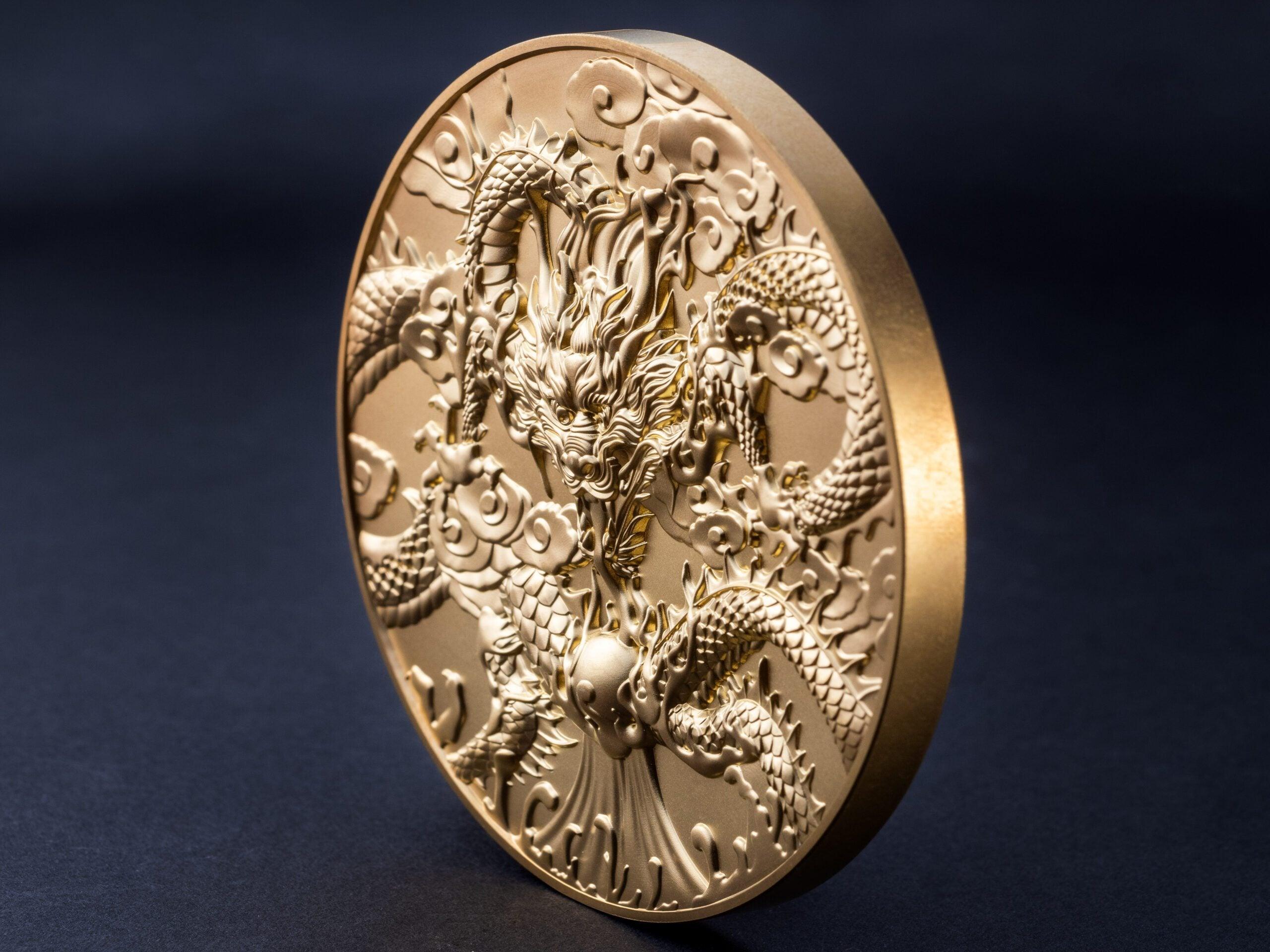 CHINESE DRAGON ART Gold Plated 5 Oz Silver Coin $10 Niue 2024 - PARTHAVA COIN