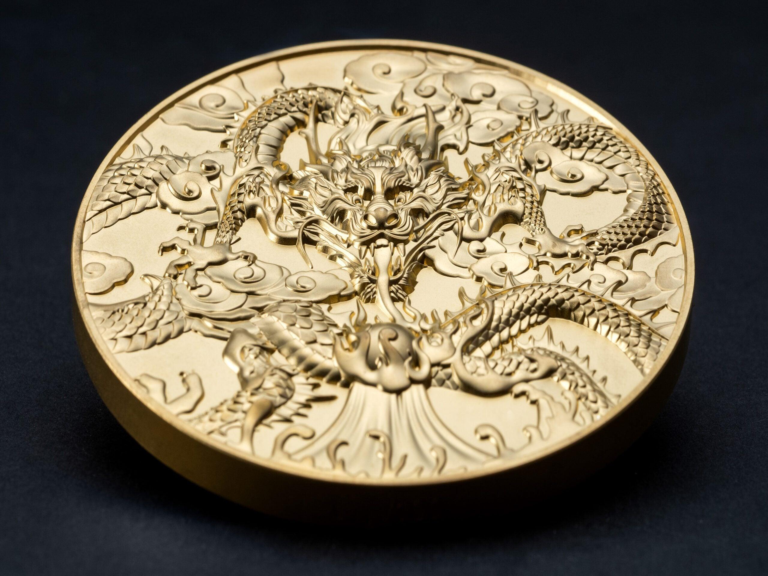 CHINESE DRAGON ART Gold Plated 5 Oz Silver Coin $10 Niue 2024 - PARTHAVA COIN