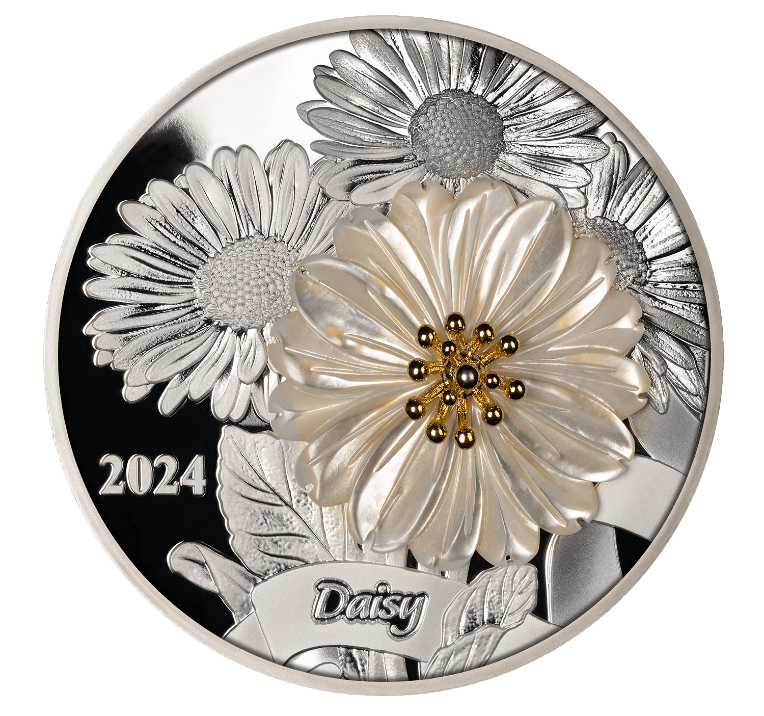 DAISY Flower 3D Mother of Pearl 2 Oz Silver Coin $5 Solomon Islands 2024 - PARTHAVA COIN