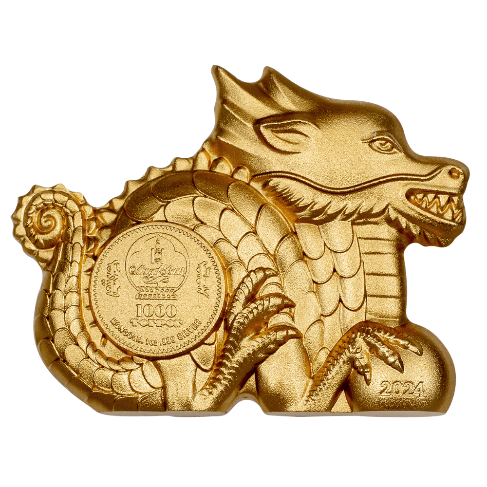 GREAT DRAGON Lunar Collection Gilded 1 Oz Silver Coin 1000 Togrog Mongolia 2024 - PARTHAVA COIN